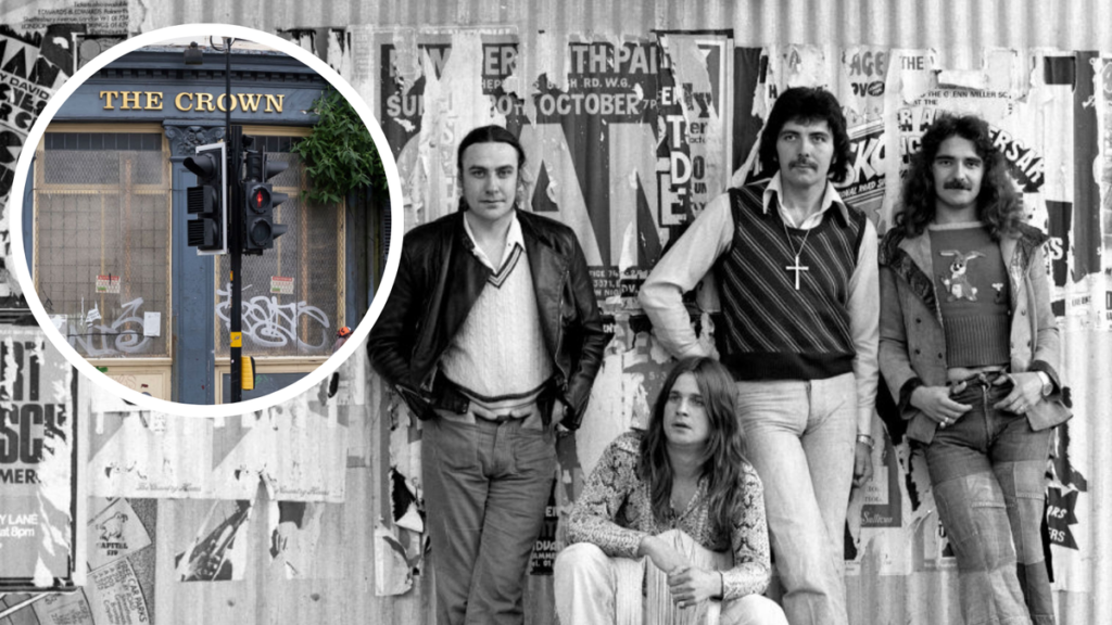 Black Sabbath with an inset of The Crown pub in Birmingham, UK